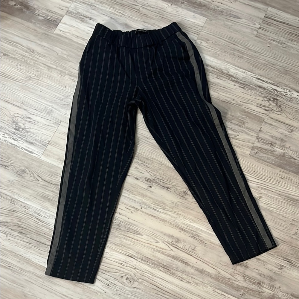 Zara Size Small Navy Blue pinstriped elastic waist pants with gray jersey stripe